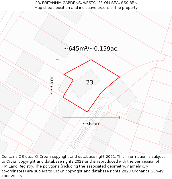 23, BRITANNIA GARDENS, WESTCLIFF-ON-SEA, SS0 8BN: Plot and title map