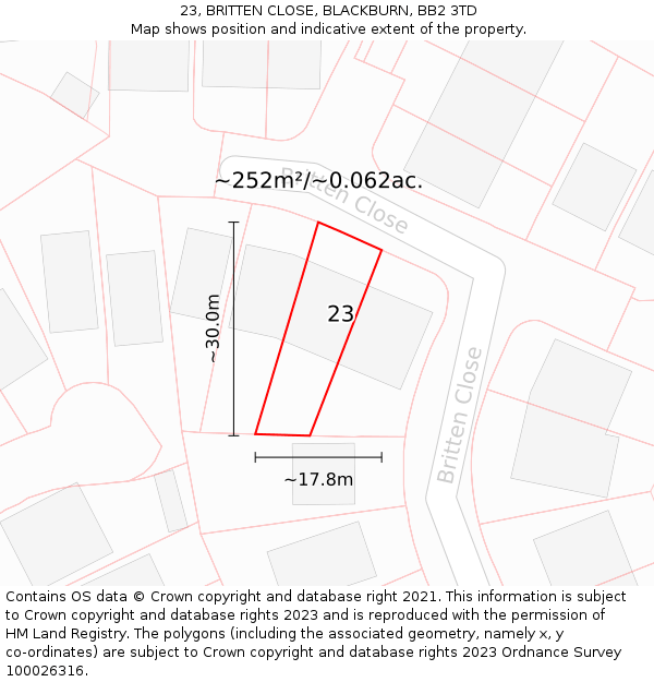 23, BRITTEN CLOSE, BLACKBURN, BB2 3TD: Plot and title map