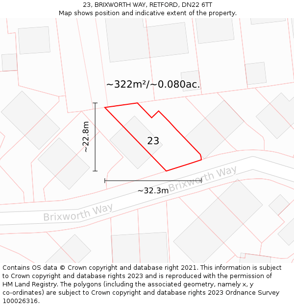 23, BRIXWORTH WAY, RETFORD, DN22 6TT: Plot and title map