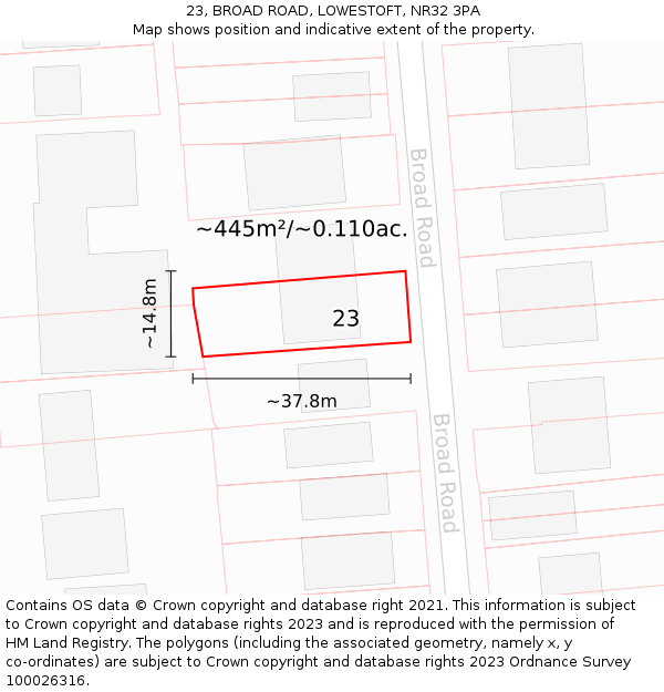 23, BROAD ROAD, LOWESTOFT, NR32 3PA: Plot and title map