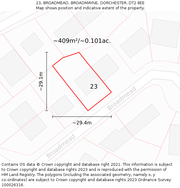 23, BROADMEAD, BROADMAYNE, DORCHESTER, DT2 8EE: Plot and title map