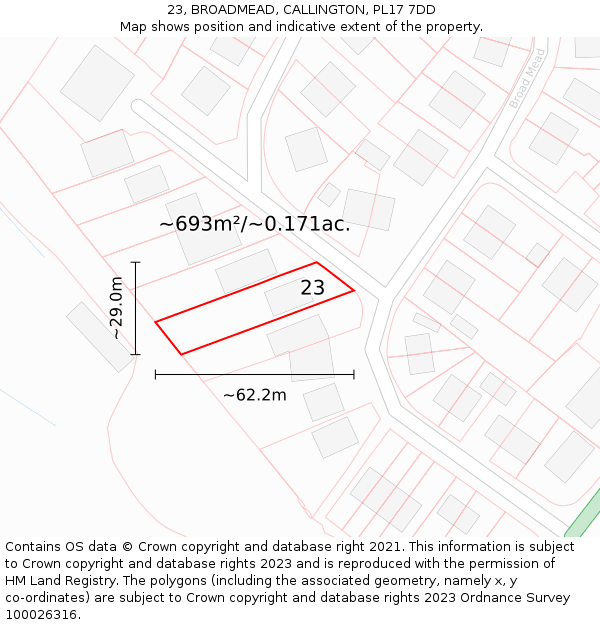 23, BROADMEAD, CALLINGTON, PL17 7DD: Plot and title map