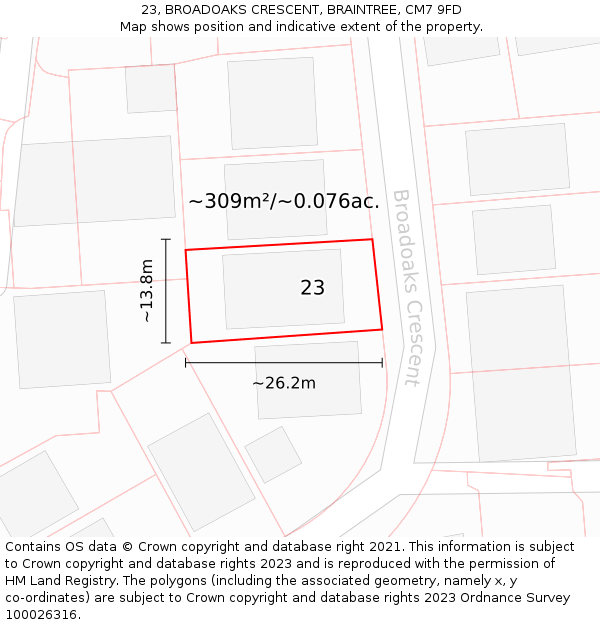 23, BROADOAKS CRESCENT, BRAINTREE, CM7 9FD: Plot and title map
