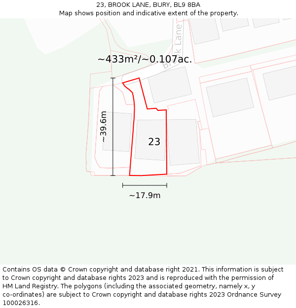 23, BROOK LANE, BURY, BL9 8BA: Plot and title map