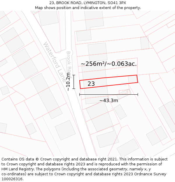 23, BROOK ROAD, LYMINGTON, SO41 3PX: Plot and title map