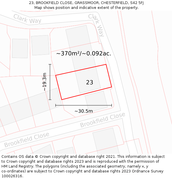 23, BROOKFIELD CLOSE, GRASSMOOR, CHESTERFIELD, S42 5FJ: Plot and title map