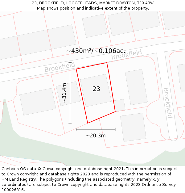 23, BROOKFIELD, LOGGERHEADS, MARKET DRAYTON, TF9 4RW: Plot and title map