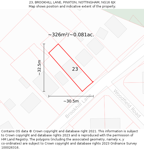 23, BROOKHILL LANE, PINXTON, NOTTINGHAM, NG16 6JX: Plot and title map