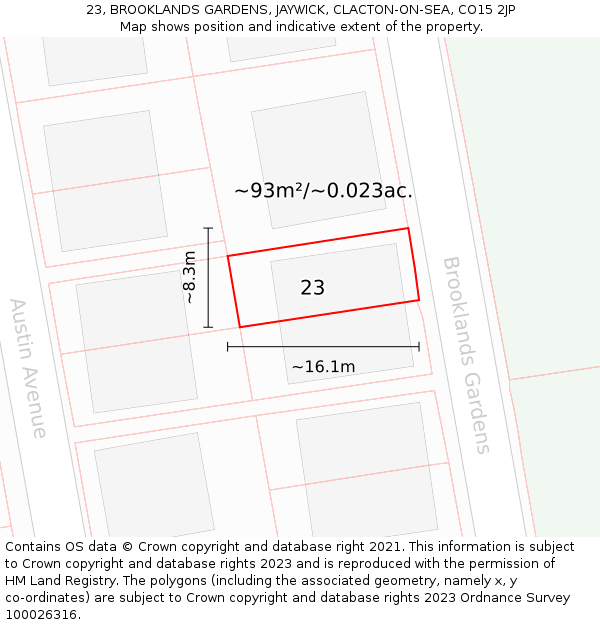 23, BROOKLANDS GARDENS, JAYWICK, CLACTON-ON-SEA, CO15 2JP: Plot and title map