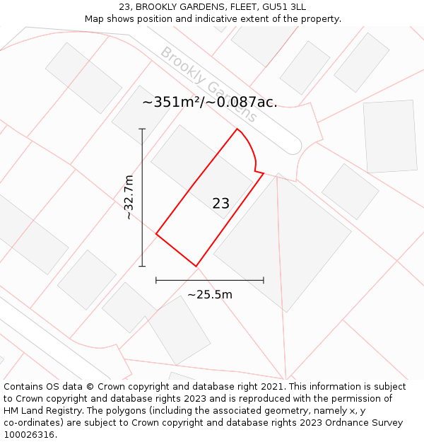 23, BROOKLY GARDENS, FLEET, GU51 3LL: Plot and title map