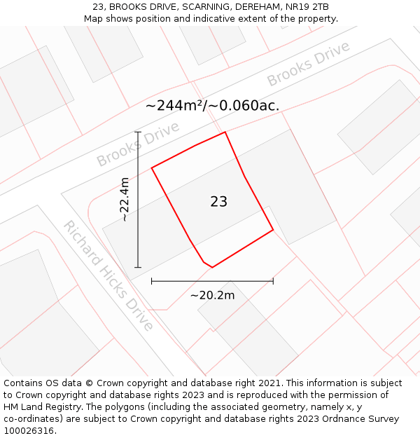 23, BROOKS DRIVE, SCARNING, DEREHAM, NR19 2TB: Plot and title map