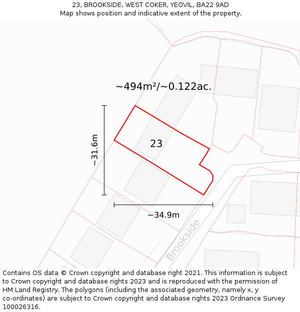 23, BROOKSIDE, WEST COKER, YEOVIL, BA22 9AD: Plot and title map