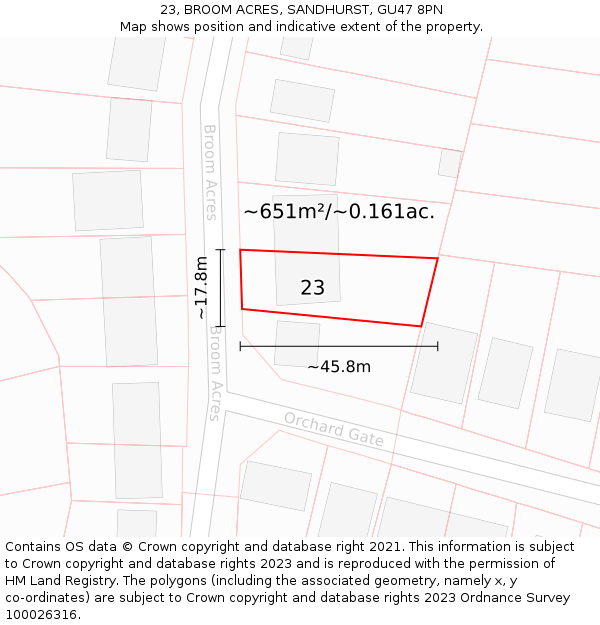 23, BROOM ACRES, SANDHURST, GU47 8PN: Plot and title map