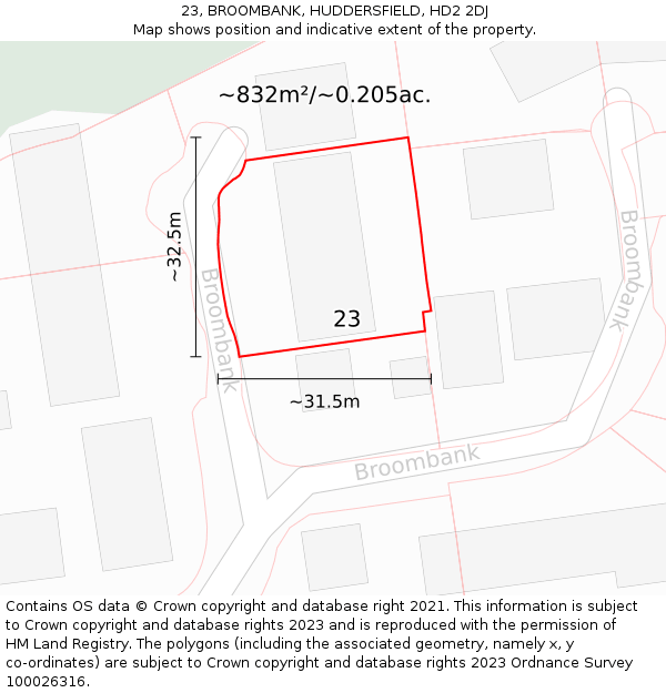 23, BROOMBANK, HUDDERSFIELD, HD2 2DJ: Plot and title map