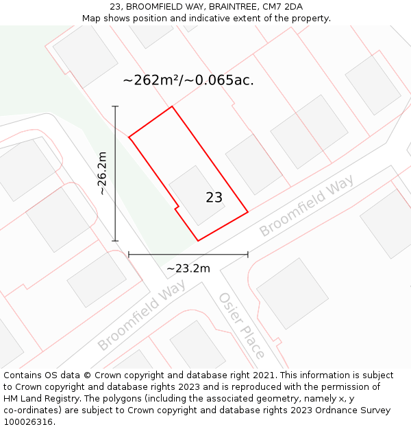 23, BROOMFIELD WAY, BRAINTREE, CM7 2DA: Plot and title map