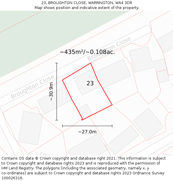 23, BROUGHTON CLOSE, WARRINGTON, WA4 3DR: Plot and title map