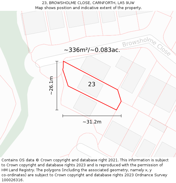 23, BROWSHOLME CLOSE, CARNFORTH, LA5 9UW: Plot and title map