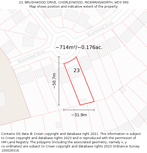 23, BRUSHWOOD DRIVE, CHORLEYWOOD, RICKMANSWORTH, WD3 5RS: Plot and title map