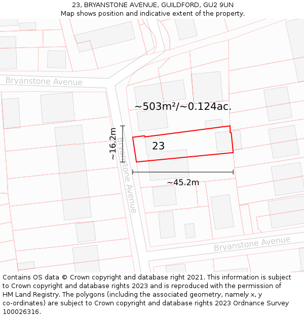 23, BRYANSTONE AVENUE, GUILDFORD, GU2 9UN: Plot and title map