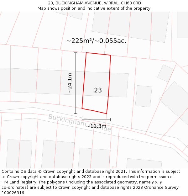 23, BUCKINGHAM AVENUE, WIRRAL, CH63 8RB: Plot and title map