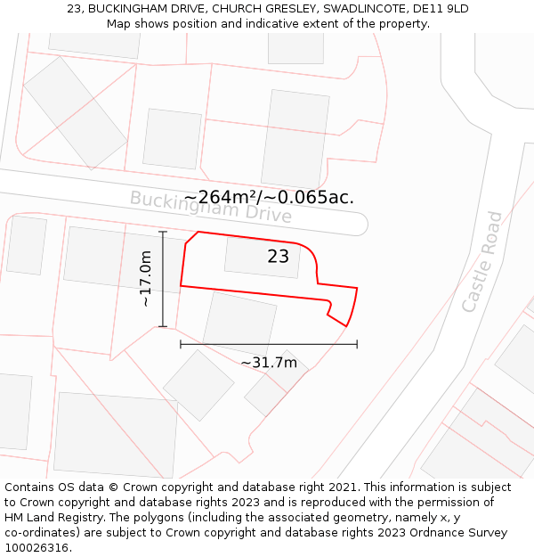 23, BUCKINGHAM DRIVE, CHURCH GRESLEY, SWADLINCOTE, DE11 9LD: Plot and title map