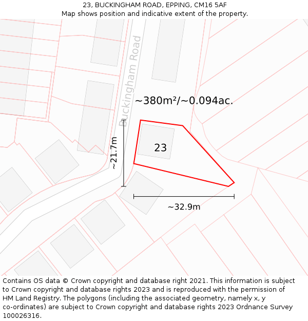 23, BUCKINGHAM ROAD, EPPING, CM16 5AF: Plot and title map