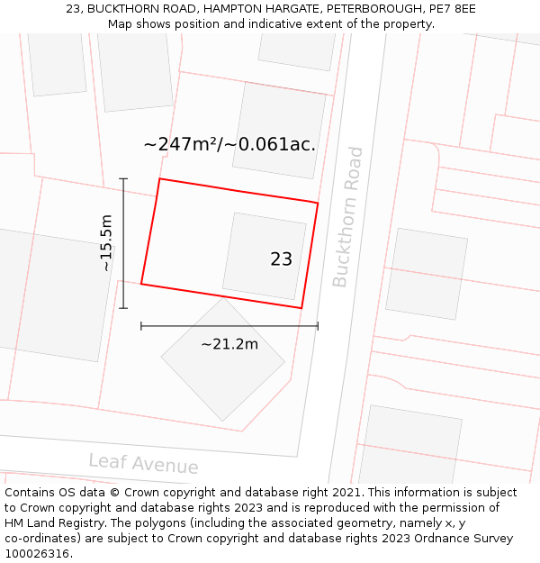 23, BUCKTHORN ROAD, HAMPTON HARGATE, PETERBOROUGH, PE7 8EE: Plot and title map
