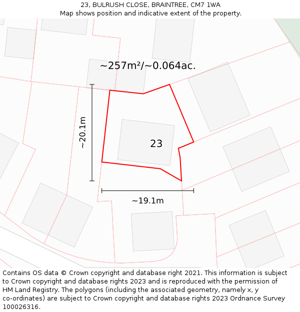 23, BULRUSH CLOSE, BRAINTREE, CM7 1WA: Plot and title map