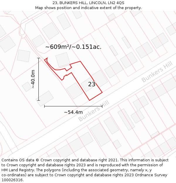 23, BUNKERS HILL, LINCOLN, LN2 4QS: Plot and title map