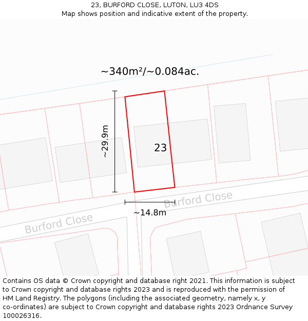 23, BURFORD CLOSE, LUTON, LU3 4DS: Plot and title map