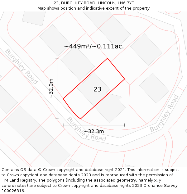 23, BURGHLEY ROAD, LINCOLN, LN6 7YE: Plot and title map