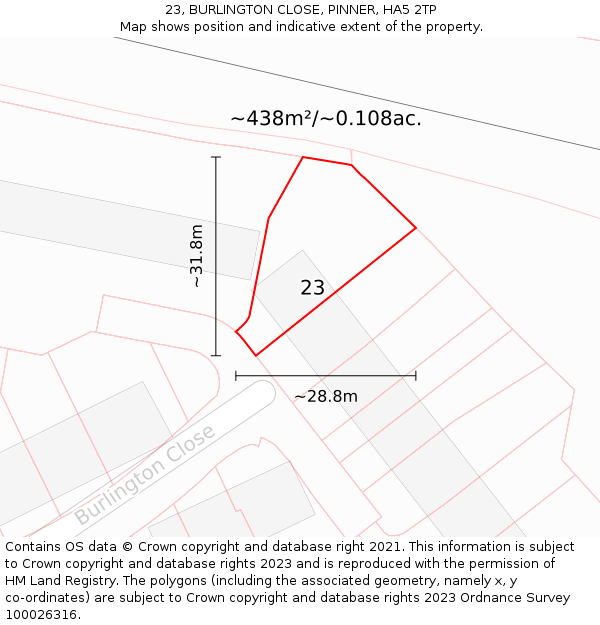23, BURLINGTON CLOSE, PINNER, HA5 2TP: Plot and title map