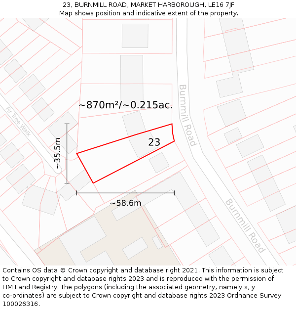 23, BURNMILL ROAD, MARKET HARBOROUGH, LE16 7JF: Plot and title map