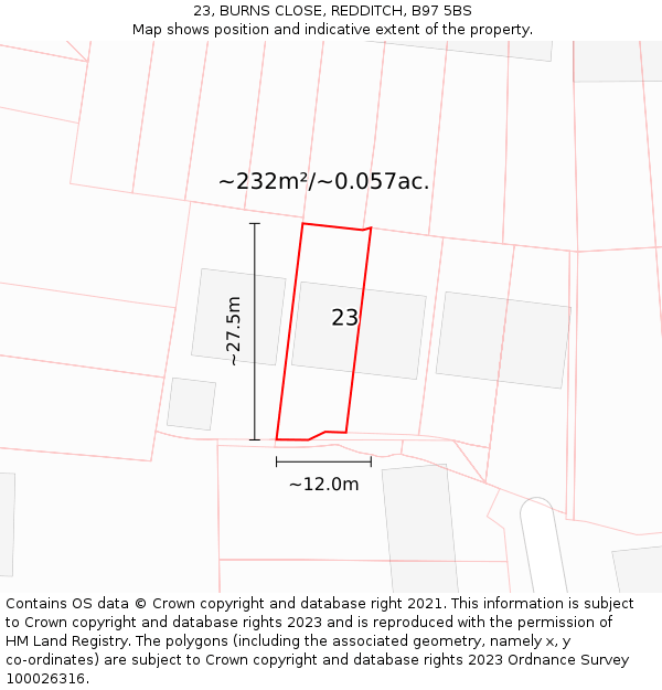 23, BURNS CLOSE, REDDITCH, B97 5BS: Plot and title map
