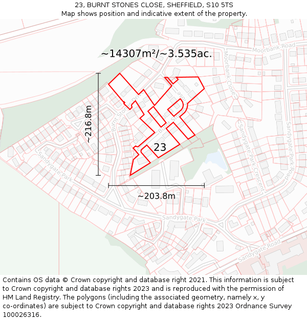 23, BURNT STONES CLOSE, SHEFFIELD, S10 5TS: Plot and title map