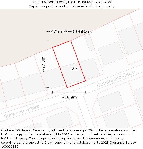 23, BURWOOD GROVE, HAYLING ISLAND, PO11 9DS: Plot and title map