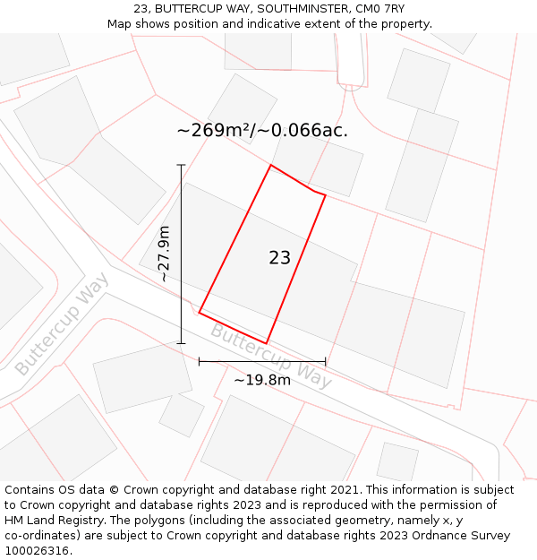 23, BUTTERCUP WAY, SOUTHMINSTER, CM0 7RY: Plot and title map