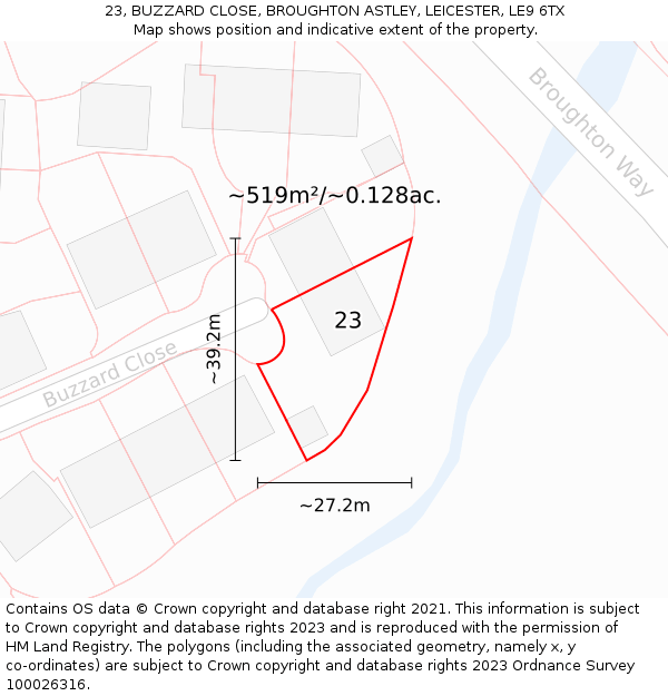 23, BUZZARD CLOSE, BROUGHTON ASTLEY, LEICESTER, LE9 6TX: Plot and title map