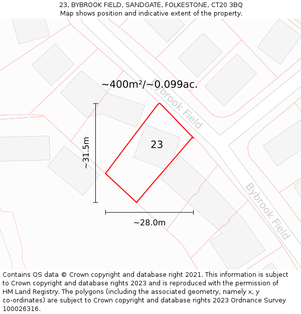 23, BYBROOK FIELD, SANDGATE, FOLKESTONE, CT20 3BQ: Plot and title map