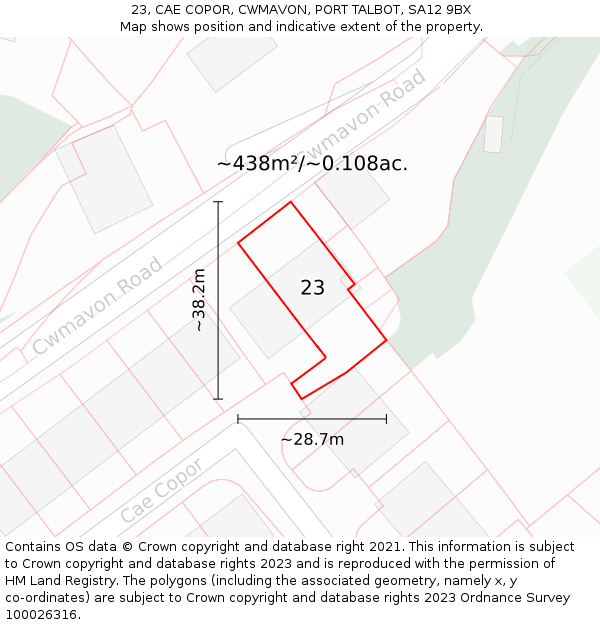 23, CAE COPOR, CWMAVON, PORT TALBOT, SA12 9BX: Plot and title map