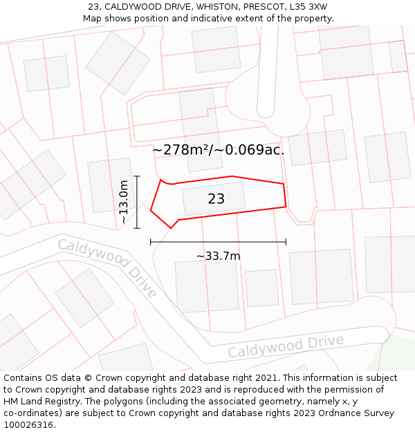 23, CALDYWOOD DRIVE, WHISTON, PRESCOT, L35 3XW: Plot and title map
