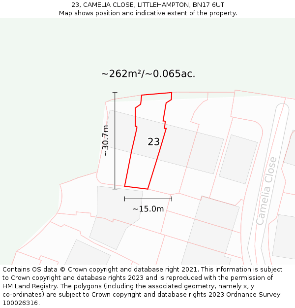 23, CAMELIA CLOSE, LITTLEHAMPTON, BN17 6UT: Plot and title map