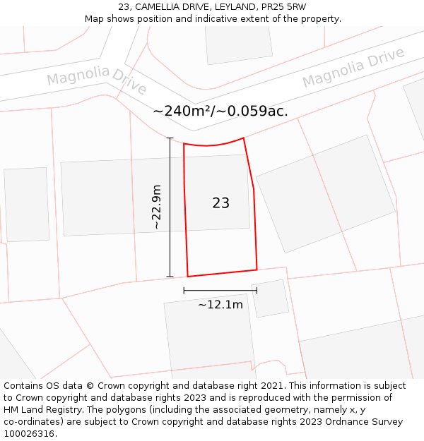 23, CAMELLIA DRIVE, LEYLAND, PR25 5RW: Plot and title map