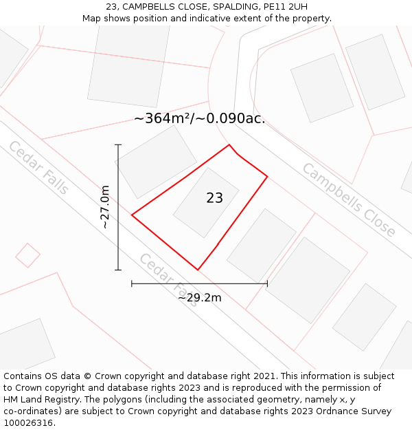 23, CAMPBELLS CLOSE, SPALDING, PE11 2UH: Plot and title map