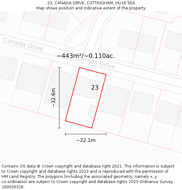 23, CANADA DRIVE, COTTINGHAM, HU16 5EA: Plot and title map