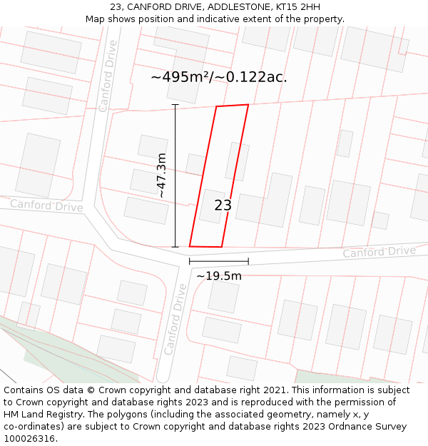 23, CANFORD DRIVE, ADDLESTONE, KT15 2HH: Plot and title map