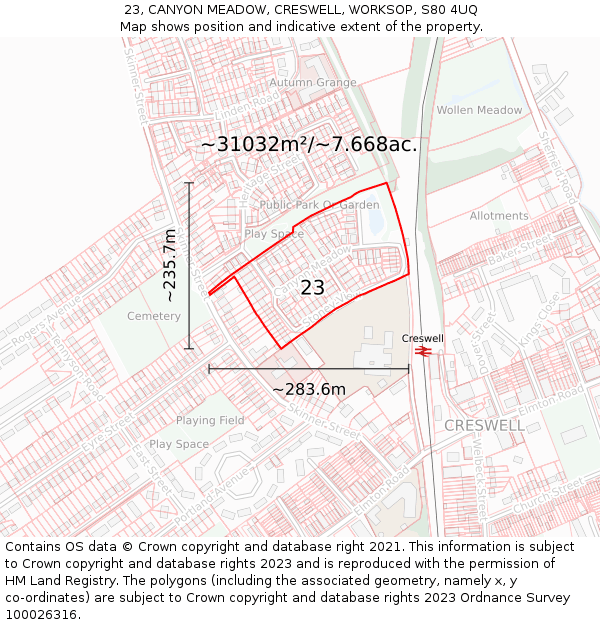 23, CANYON MEADOW, CRESWELL, WORKSOP, S80 4UQ: Plot and title map