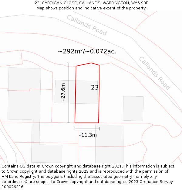 23, CARDIGAN CLOSE, CALLANDS, WARRINGTON, WA5 9RE: Plot and title map