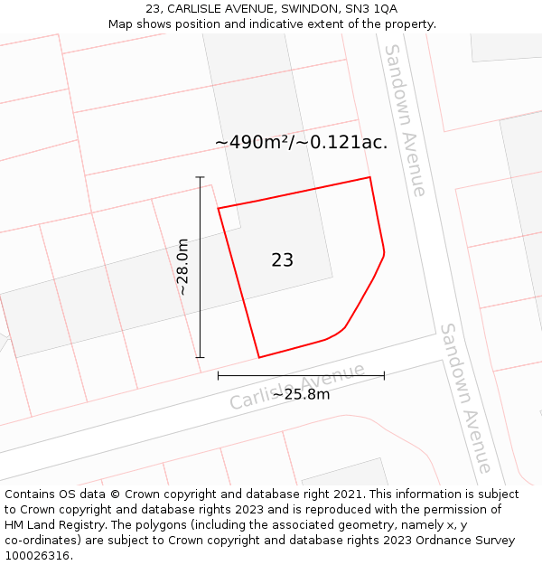 23, CARLISLE AVENUE, SWINDON, SN3 1QA: Plot and title map