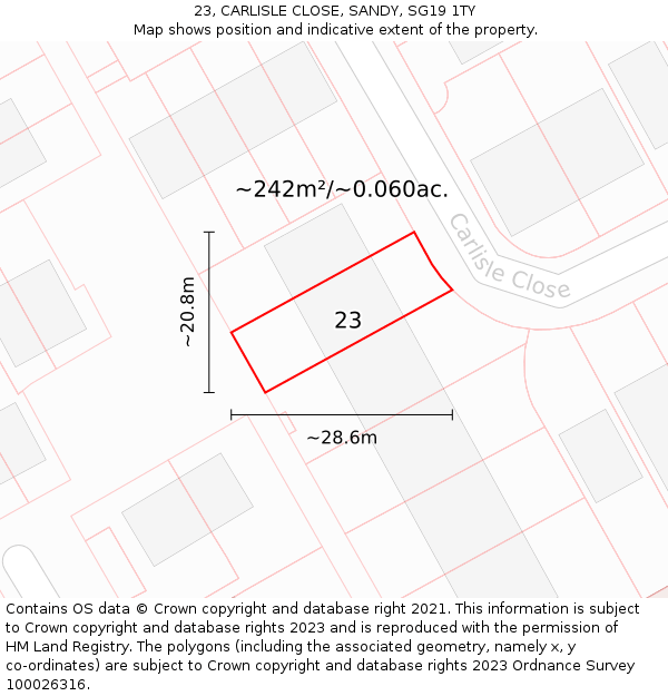 23, CARLISLE CLOSE, SANDY, SG19 1TY: Plot and title map